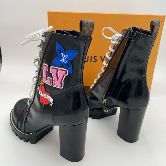 Louis Vuitton Patent Monogram Womens 38.5 Black Heart Star Trail Ankle Boots - Picture 7 of 9